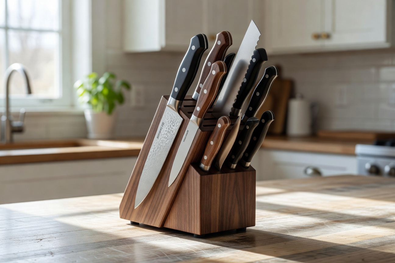 Well-organized knife block in kitchen